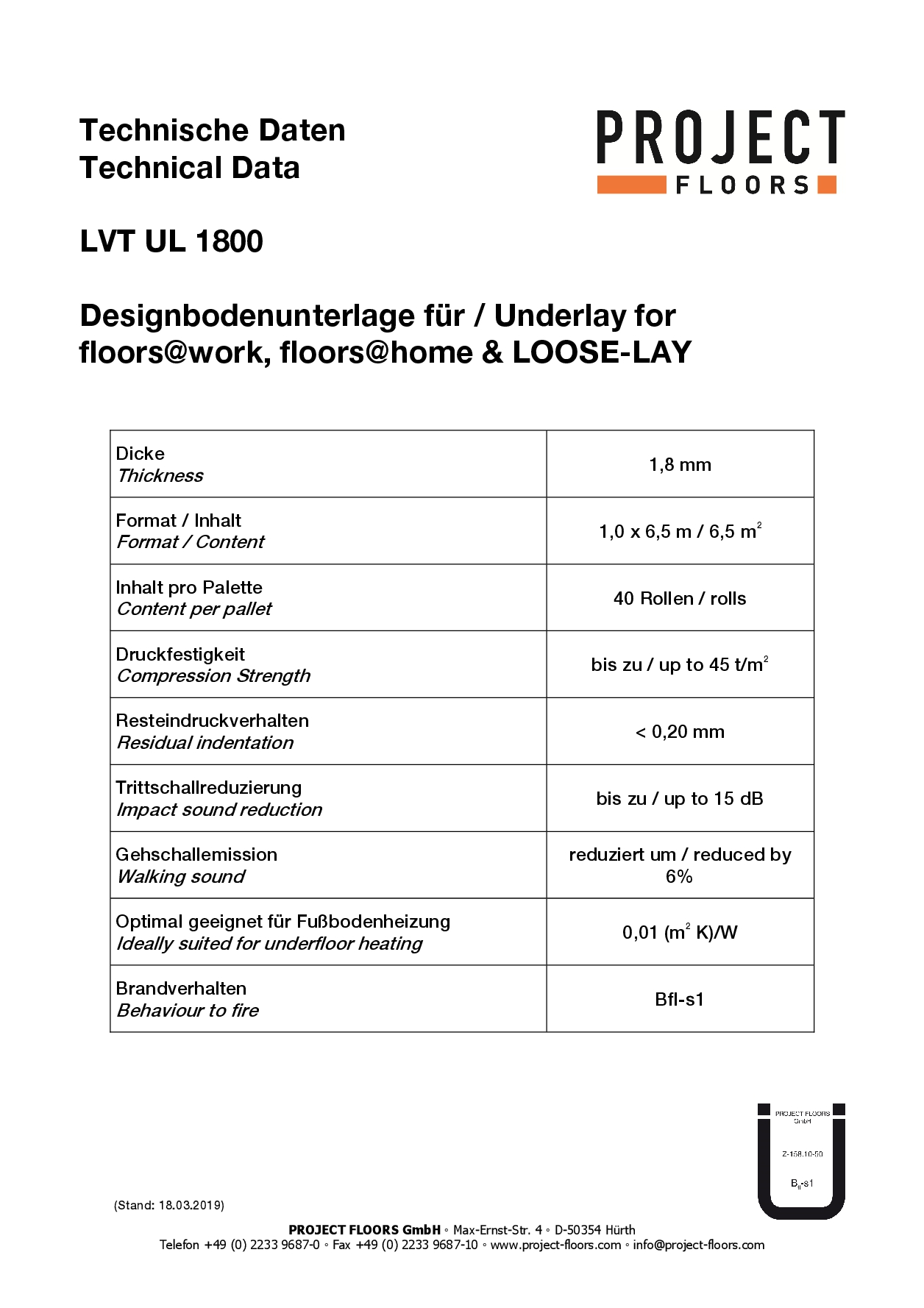 Tabelle Technische Information der selbstklebenden Trittschallunterlage LVT UL 1800 von Project Floors
